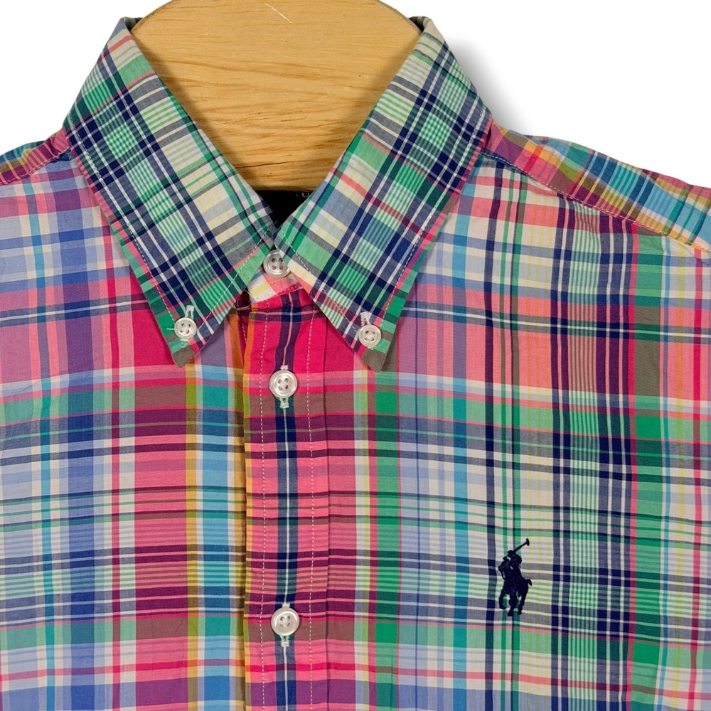 Vintage Ralph Lauren Button Down Women Large Pink Madras Plaid Cotton Pony Prep